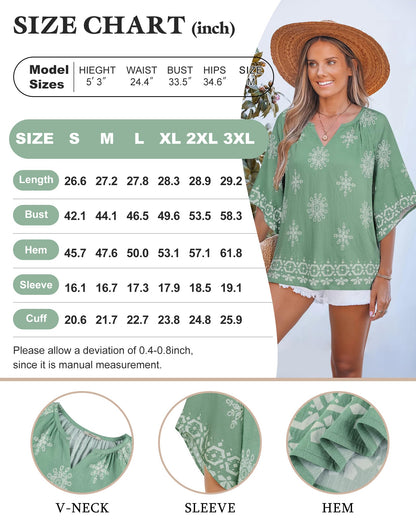 Big & Tall Clothing - Women's 3/4 Sleeve V-Neck Bohemian Peasant Blouse Loose Fit Tunic Top