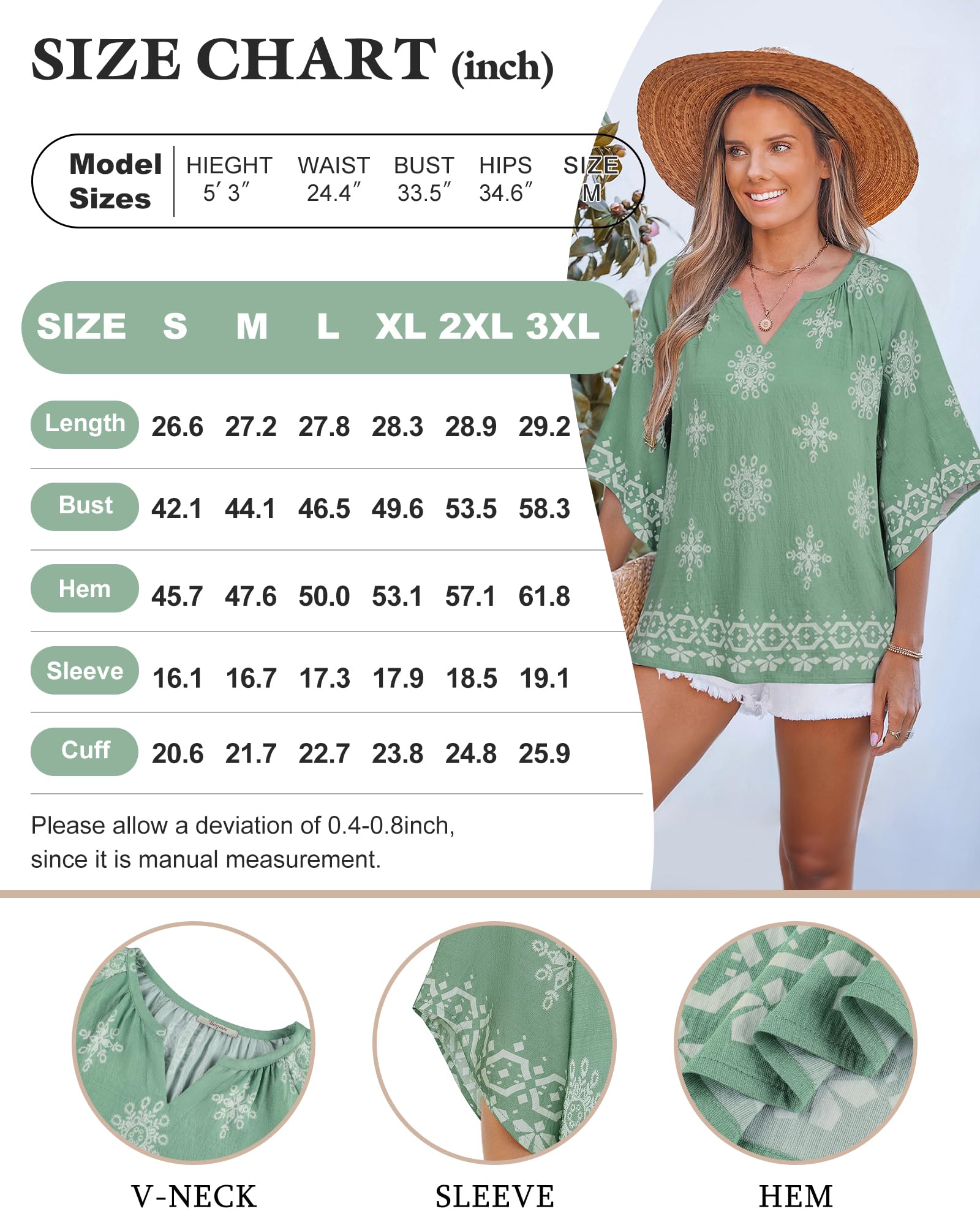 Big & Tall Clothing - Women's 3/4 Sleeve V-Neck Bohemian Peasant Blouse Loose Fit Tunic Top