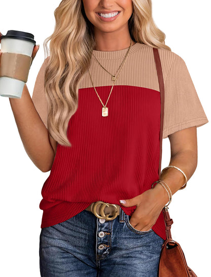 Women's Color Block Knit Shirt Short Sleeve Crewneck Top