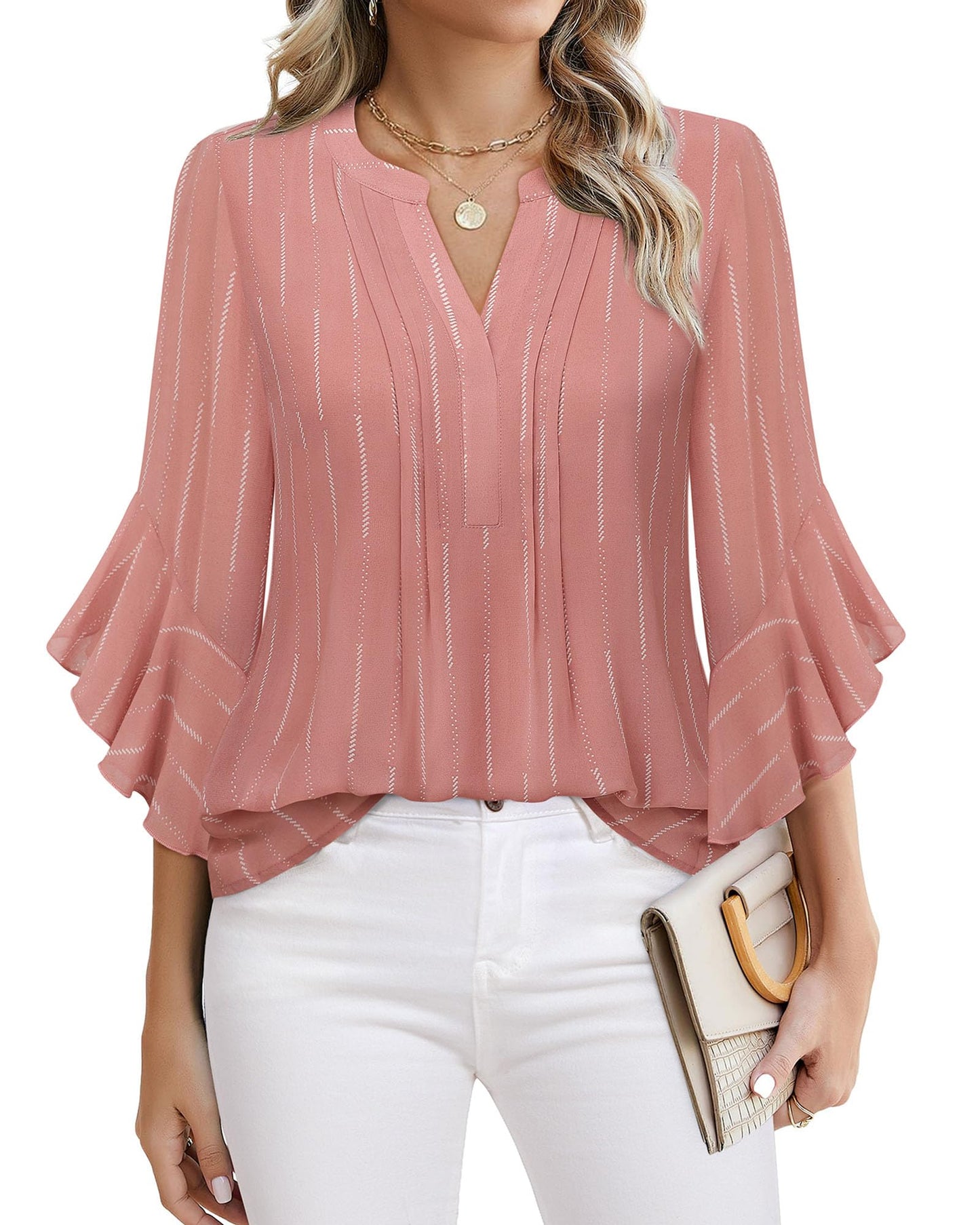 Beautiful Blouses For Ladies - Women's 3/4 Sleeve Chiffon Blouse Dressy Business Casual Work Shirt Stripe Pink