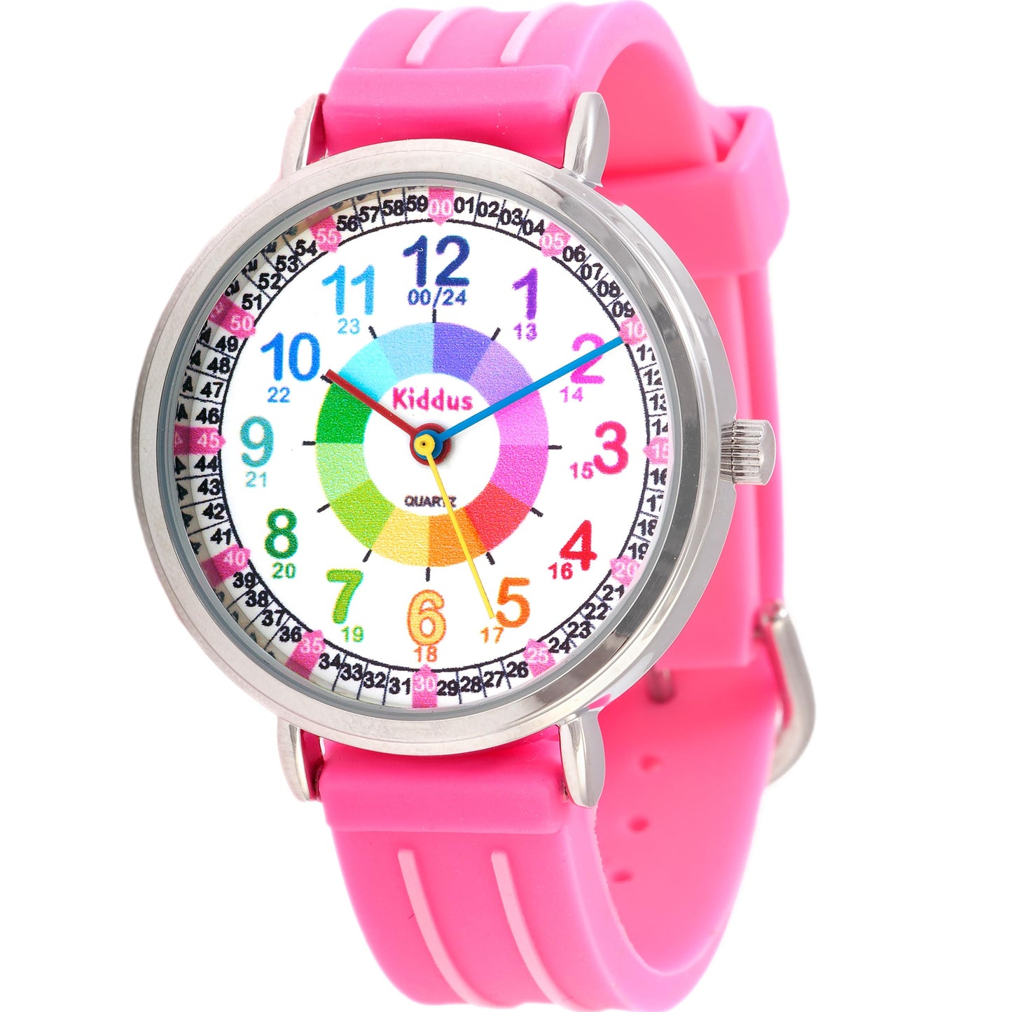 Kids Time Teacher Watch - Educational Analog Watch with Japanese Quartz Movement Ages 5-12 B. Color Handles 13 Classic Pink