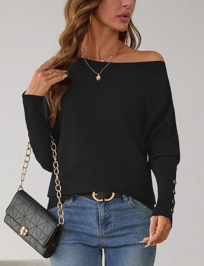 Women's Off The Shoulder Sweater - Oversized Knit Batwing Sleeve Pullover