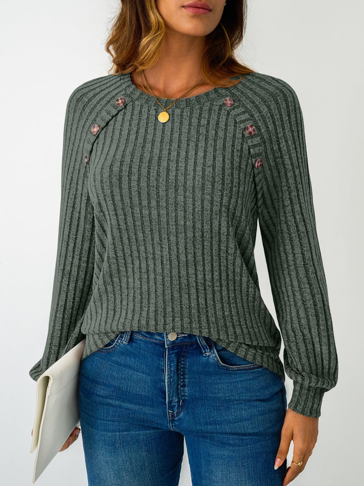 Women's Long Sleeve Tops - Fall Lightweight Sweaters with Shoulder Buttons