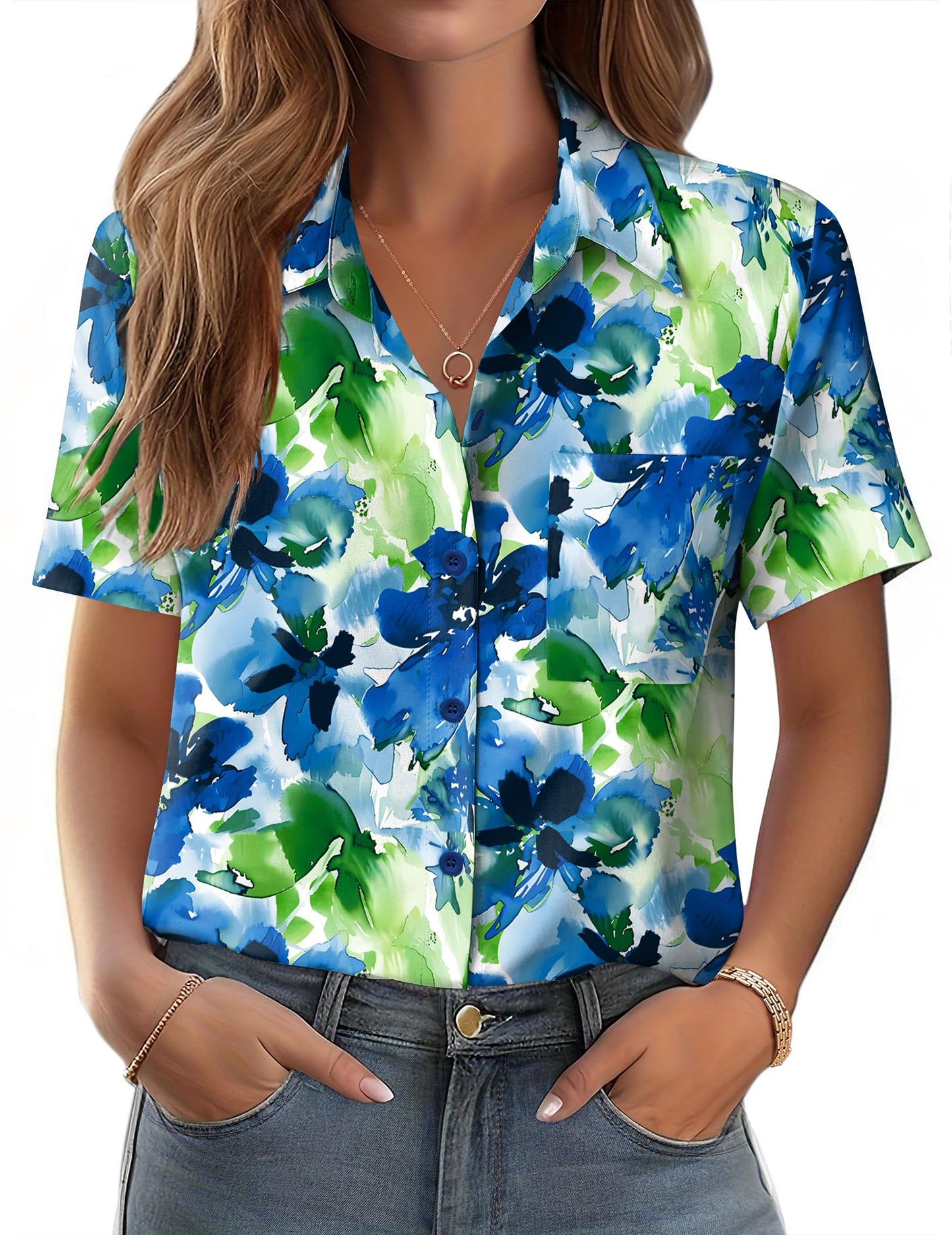 Polyester Blouse - Women's Button Down Shirt Short Sleeve Business Casual Blouse with Chest Pocket Wf32