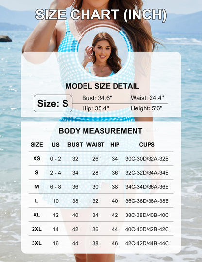 Women's High Waisted Bikini Set with Swim Skirt - Retro Gingham Tummy Control Swimsuit