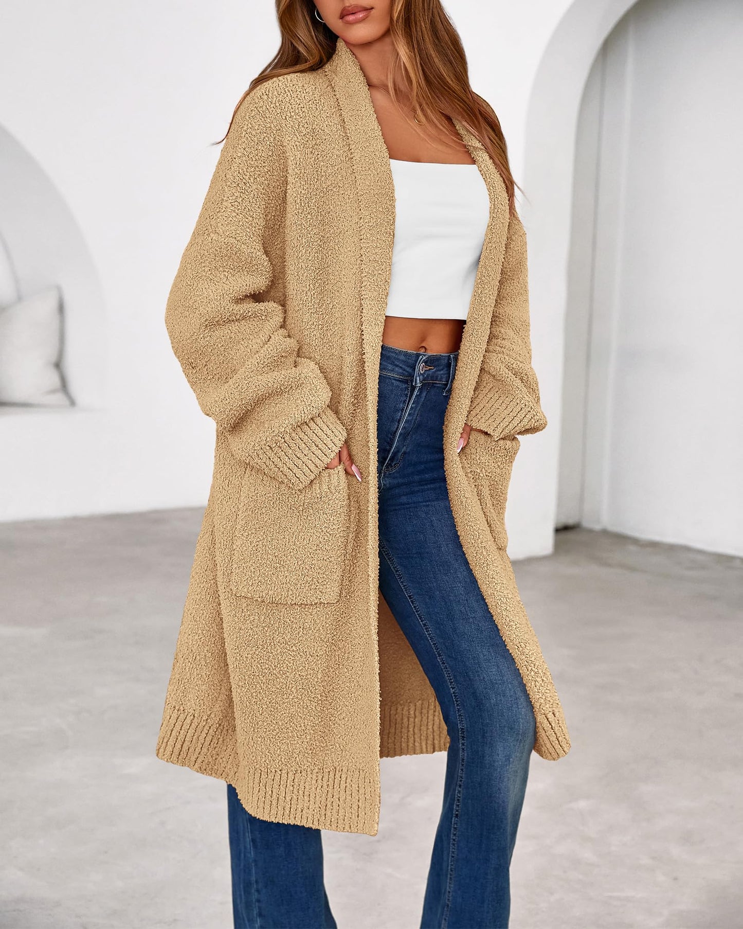 Women's Long Cardigan Sweater - Open Front Oversized Knit Coat with Pockets