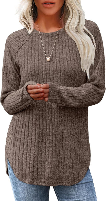 Long Sleeve Tunic Top for Women - Loose Fit Pullover with Curved Hem X-Large Brown