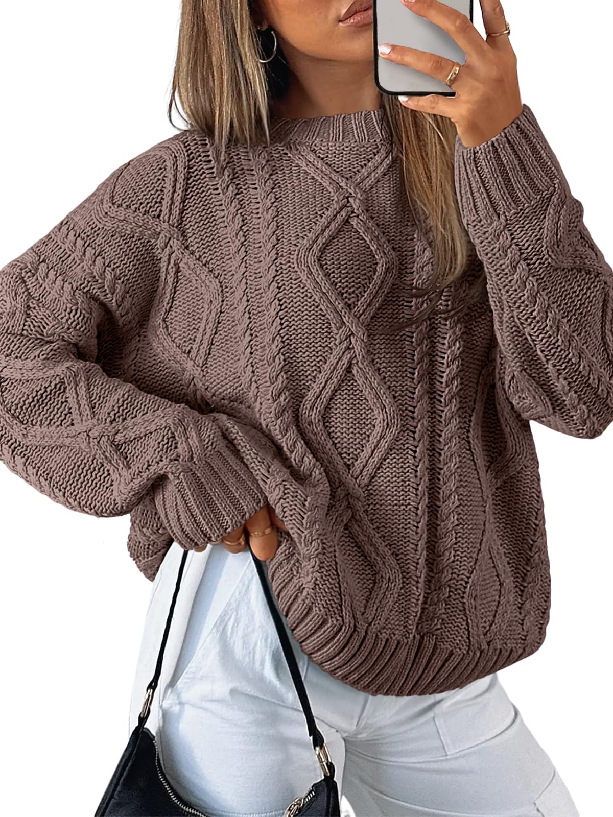 Women's Oversized Cable Knit Crewneck Sweaters - Cozy Fall Pullover