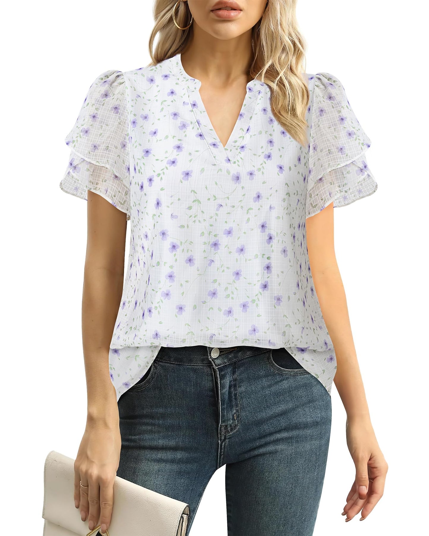 Polyester Blouses - Women's Chiffon Blouse V-Neck Puff Sleeve Summer Top for Work and Casual Wear
