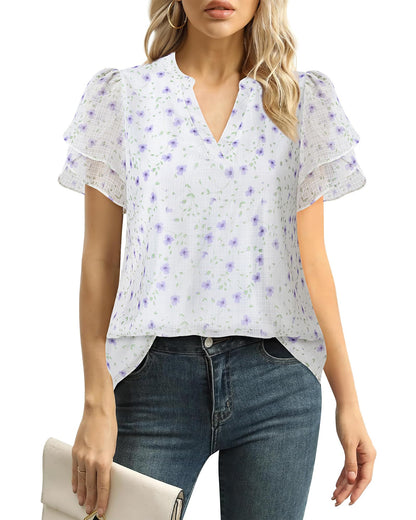 Polyester Blouses - Women's Chiffon Blouse V-Neck Puff Sleeve Summer Top for Work and Casual Wear Floral Violet