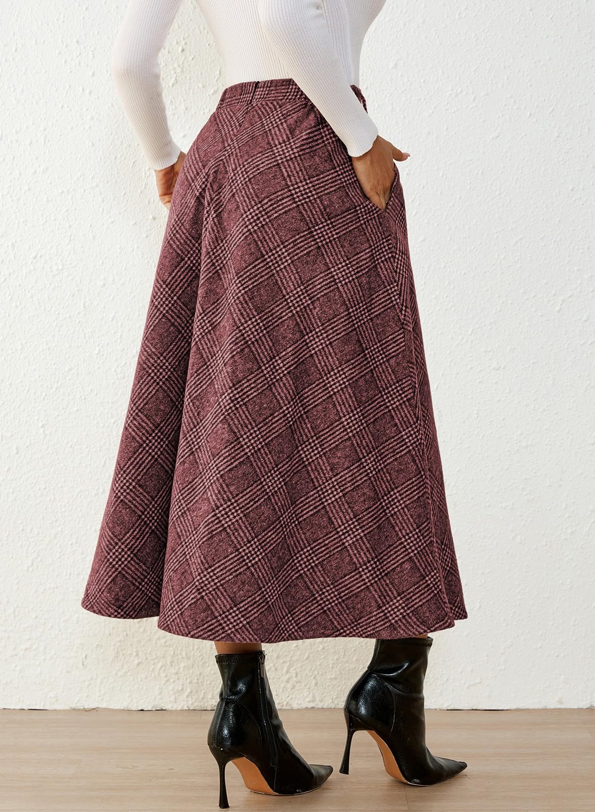 Women's Plaid Skirts - High Waist A-Line Midi Tartan Skirt with Pockets