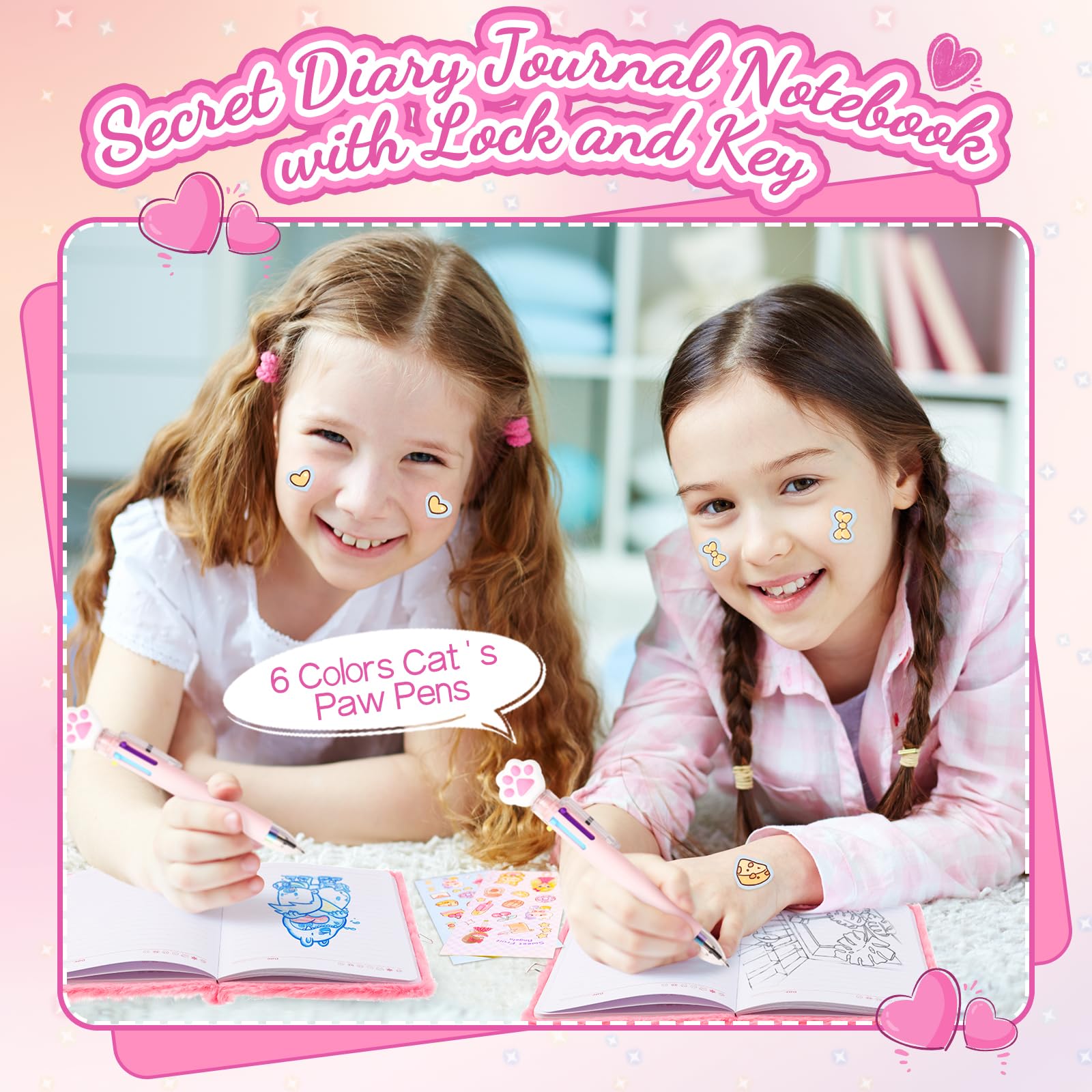 Girls Heart Diary with Lock and Keys - Cute Plush Secret Journal Notebook Gift Ages 6-8