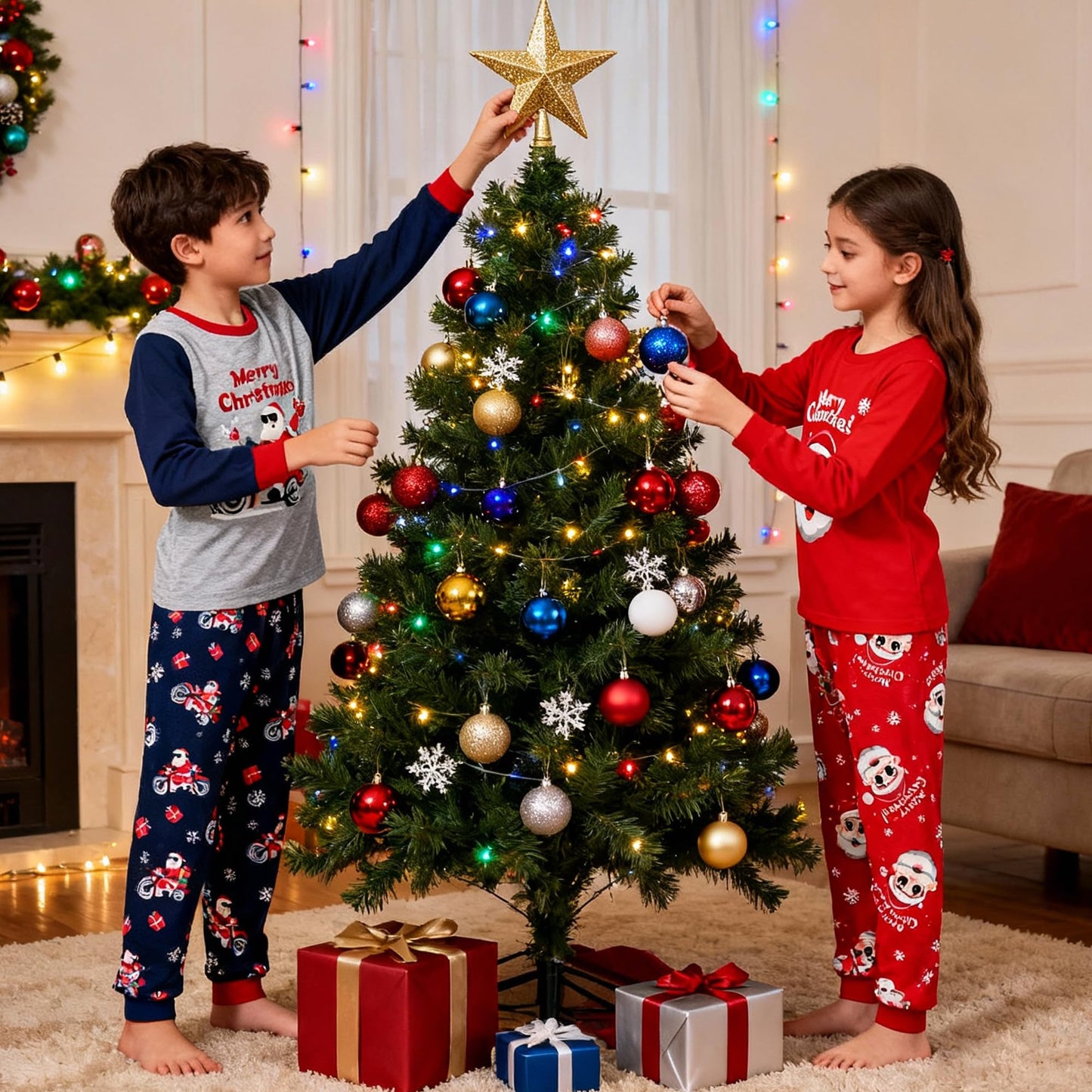 Tphon Kids Christmas Pajamas Sets Santa Claus Dinosaur Sleepwear Long Sleeve PJS Set for Boys Girls 2-12 Years