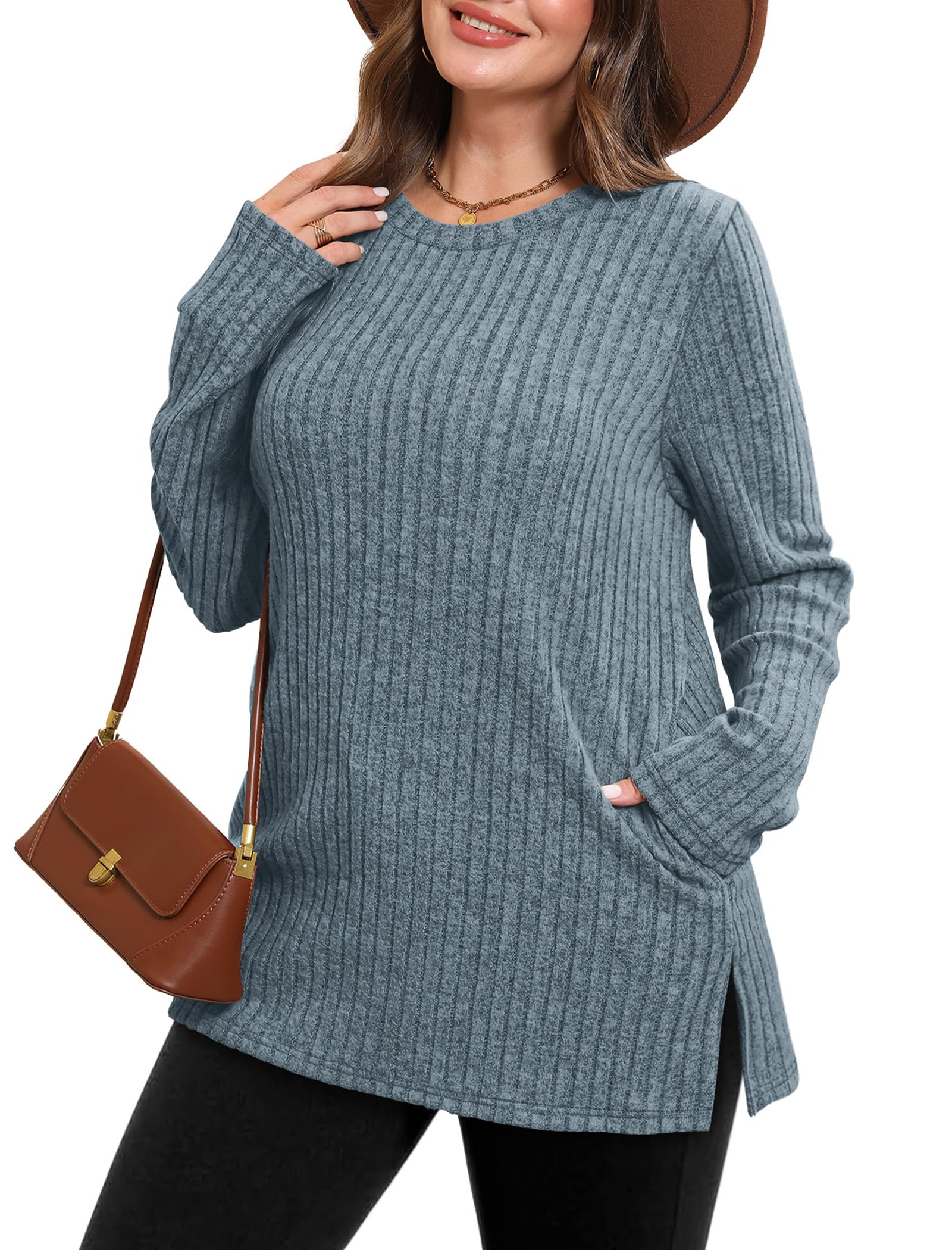 Women's Crewneck Sweater with Pockets - Long Sleeve Tunic Top with Side Slits