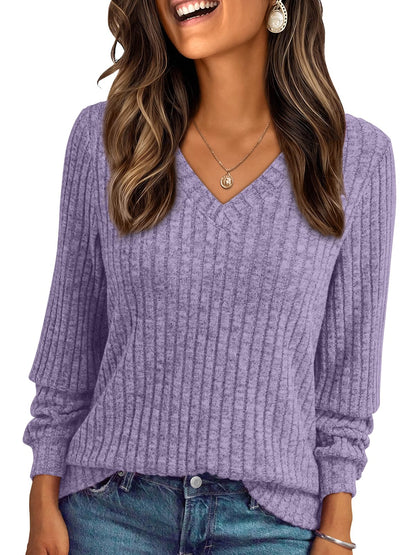 V Neck Long Sleeve Sweater for Women - Loose Fit Tunic Top for Fall & Winter