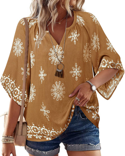 Big & Tall Clothing - Women's 3/4 Sleeve V-Neck Bohemian Peasant Blouse Loose Fit Tunic Top