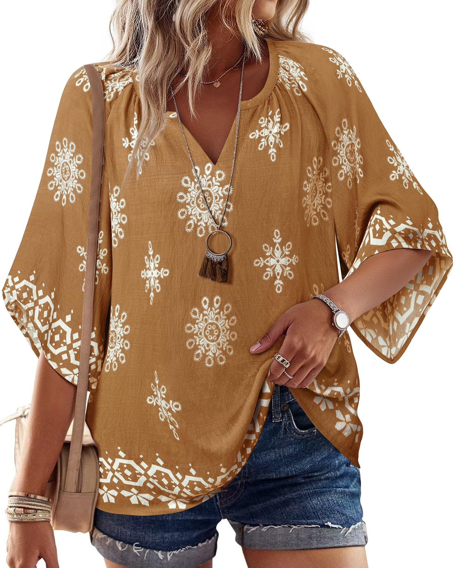 Big & Tall Clothing - Women's 3/4 Sleeve V-Neck Bohemian Peasant Blouse Loose Fit Tunic Top Multi Coffee