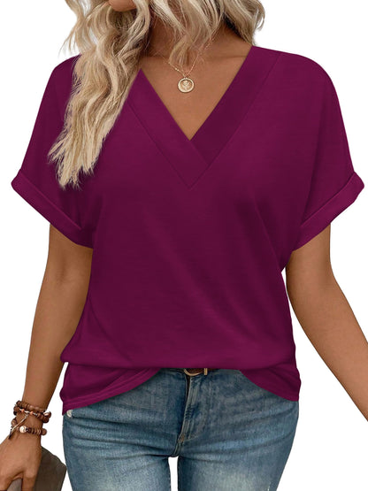 Womens Summer Tops V Neck Short Sleeve Shirts Casual Dolman Sleeve Fashion Blouse