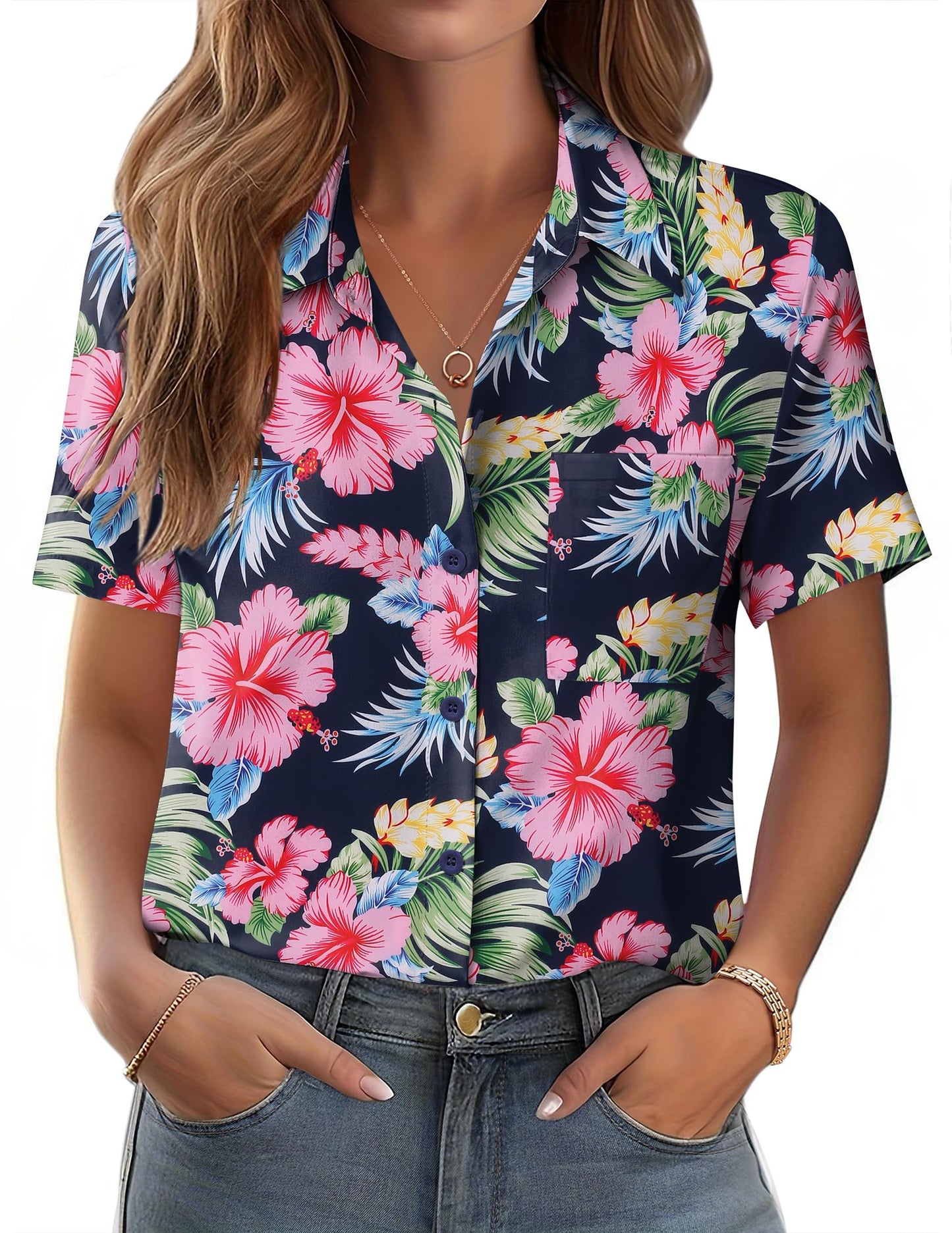 Polyester Blouse - Women's Button Down Shirt Short Sleeve Business Casual Blouse with Chest Pocket