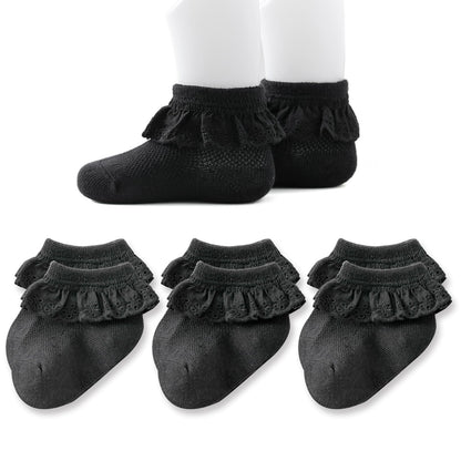 Baby Girl Lace Socks - Newborn Eyelet Ruffle Crew Socks 0-6 6-12 12-24 Months Cotton Black 3 Pack