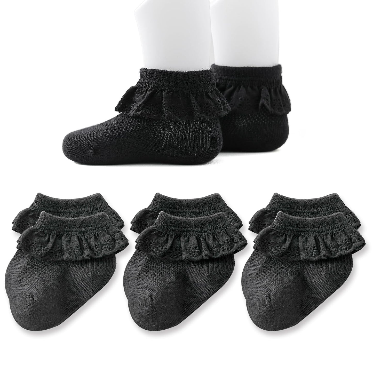 Baby Girl Lace Socks - Newborn Eyelet Ruffle Crew Socks 0-6 6-12 12-24 Months Cotton Black 3 Pack