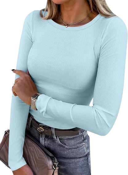 Women's Long Sleeve Rib Knit Shirt Slim Fit Crew Neck Basic Tee Sky