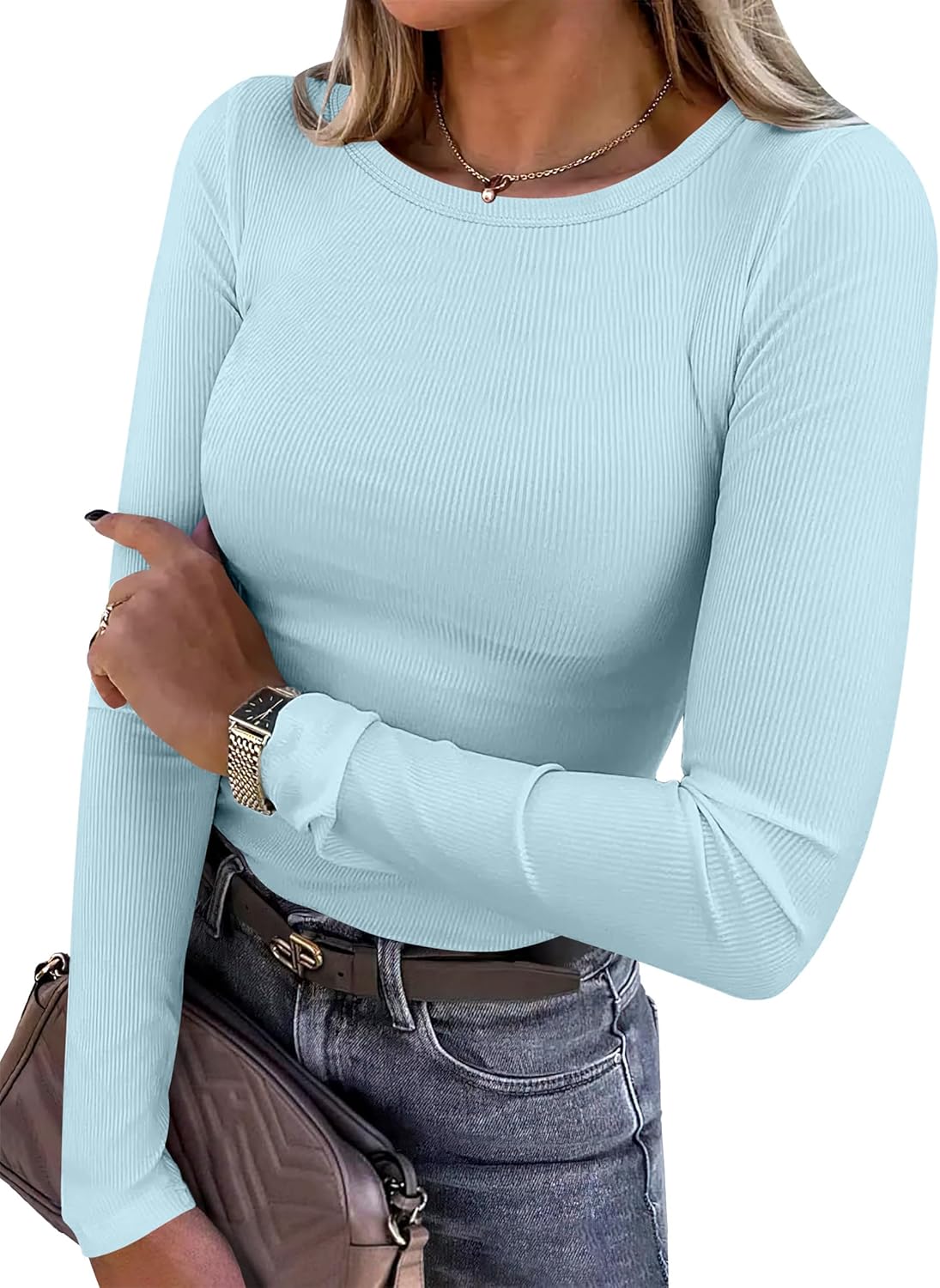 Women's Long Sleeve Rib Knit Shirt Slim Fit Crew Neck Basic Tee