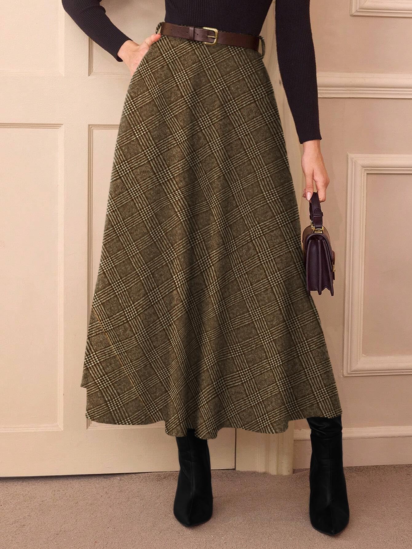 Women's Plaid Skirts - High Waist A-Line Midi Tartan Skirt with Pockets