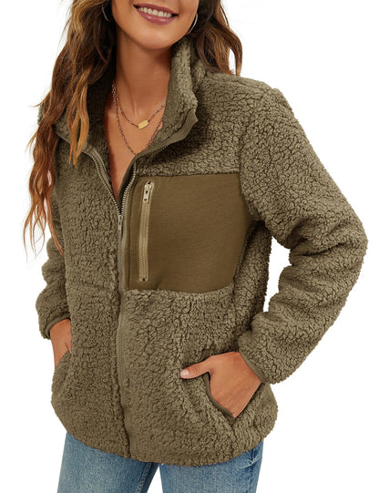 VVK Women's Fashion Faux Shearling Shaggy Full Zip Coats Warm Winter Patchwork Jackets with Pocket
