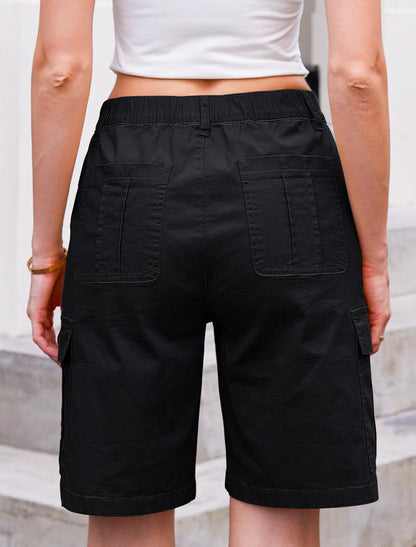 Women High Waisted Bermuda Cargo Shorts - 6 Pockets Stretchy Knee Length Summer Shorts
