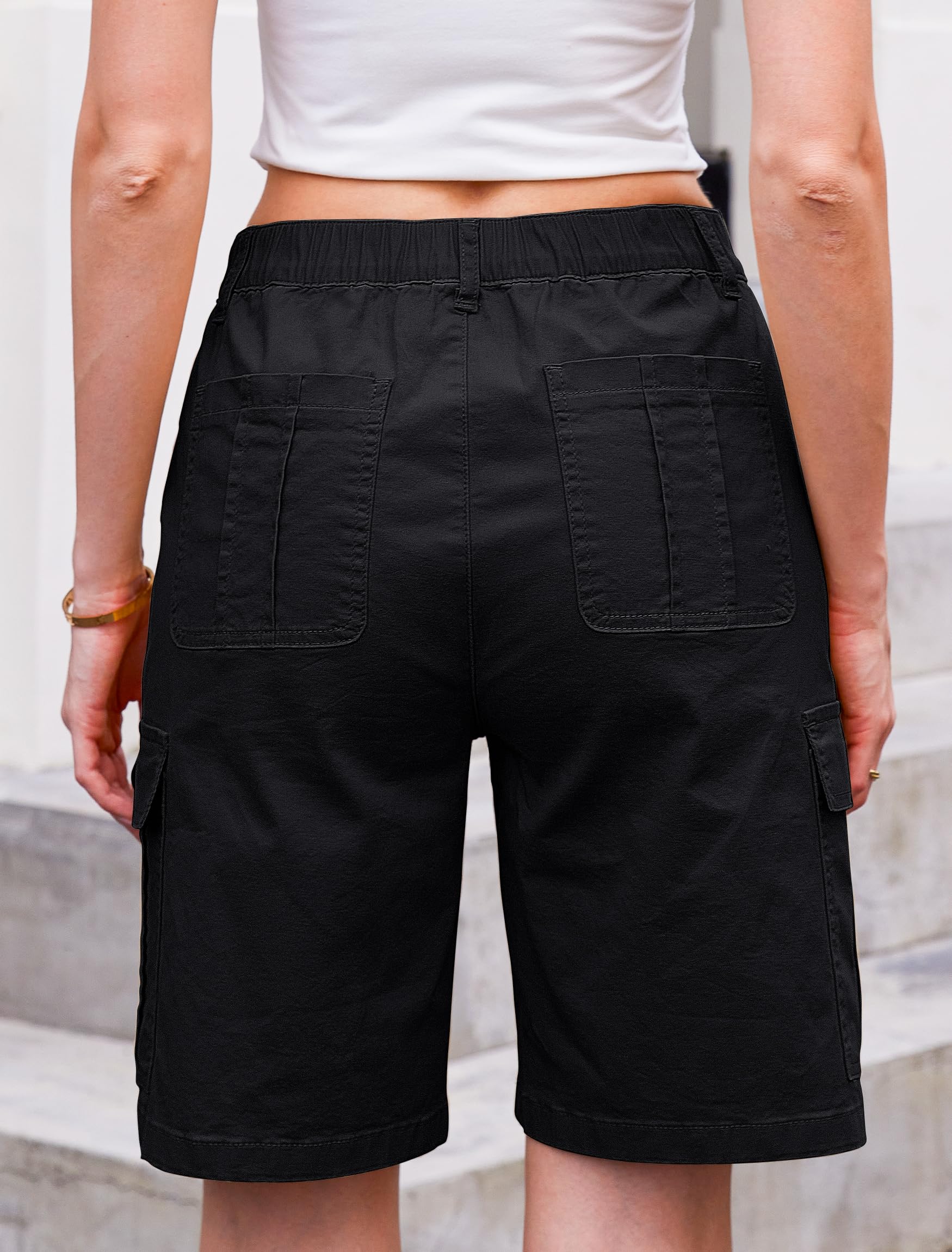 Women High Waisted Bermuda Cargo Shorts - 6 Pockets Stretchy Knee Length Summer Shorts