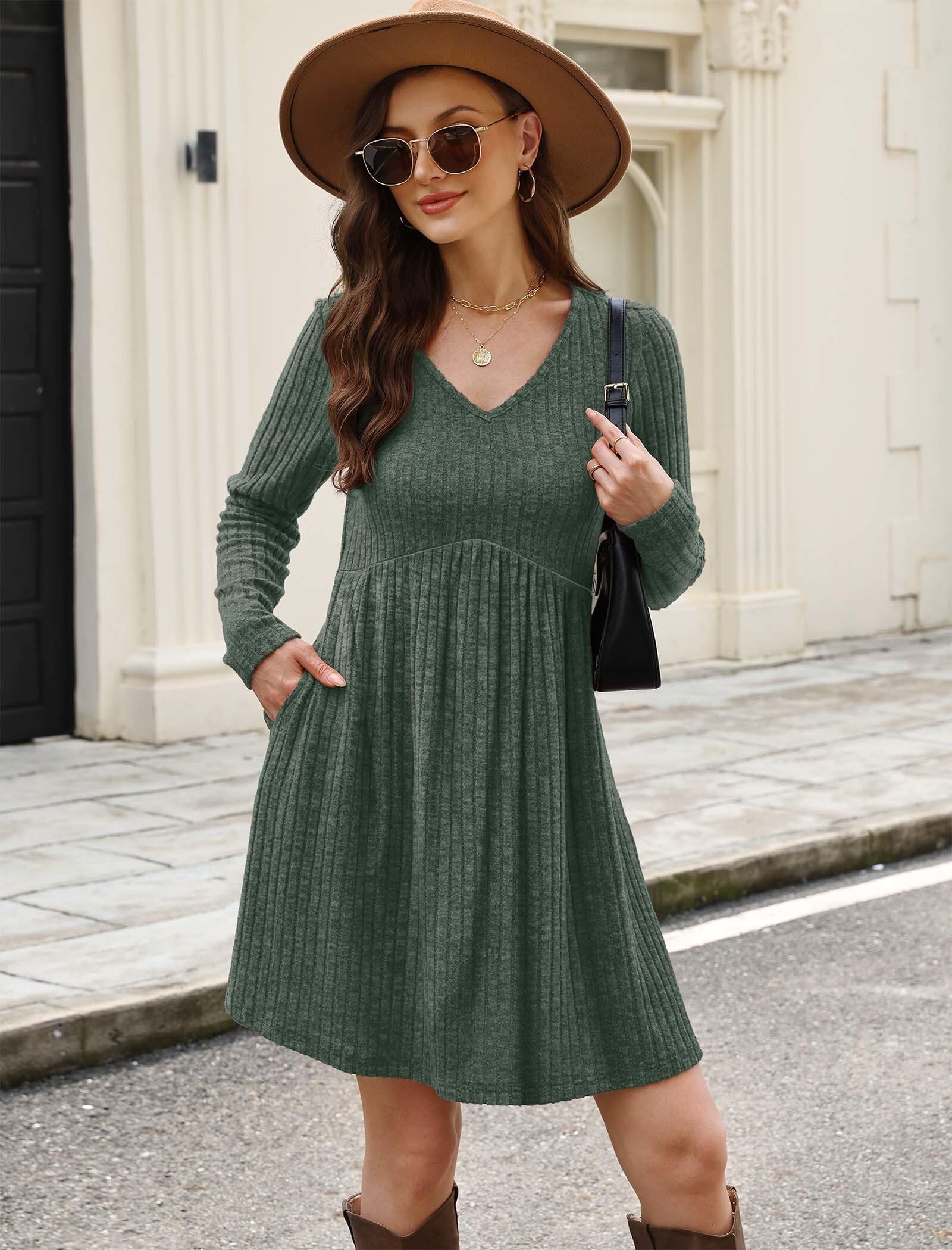 Women's Long Sleeve Sweater Dress - V Neck Empire Waist Babydoll Dress with Pockets