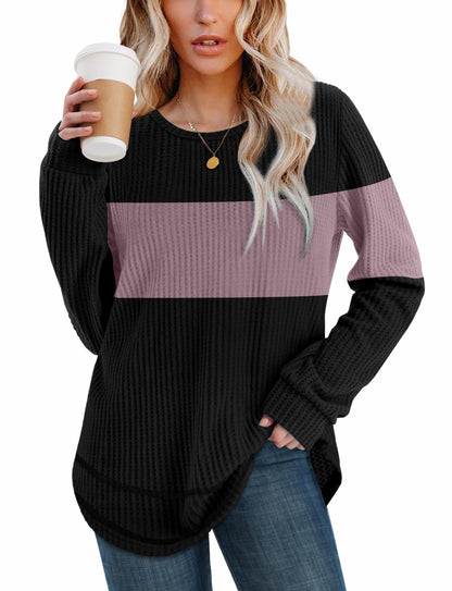Women's Tunic Tops - Loose Fit Waffle Knit Long Sleeve Crewneck Sweaters