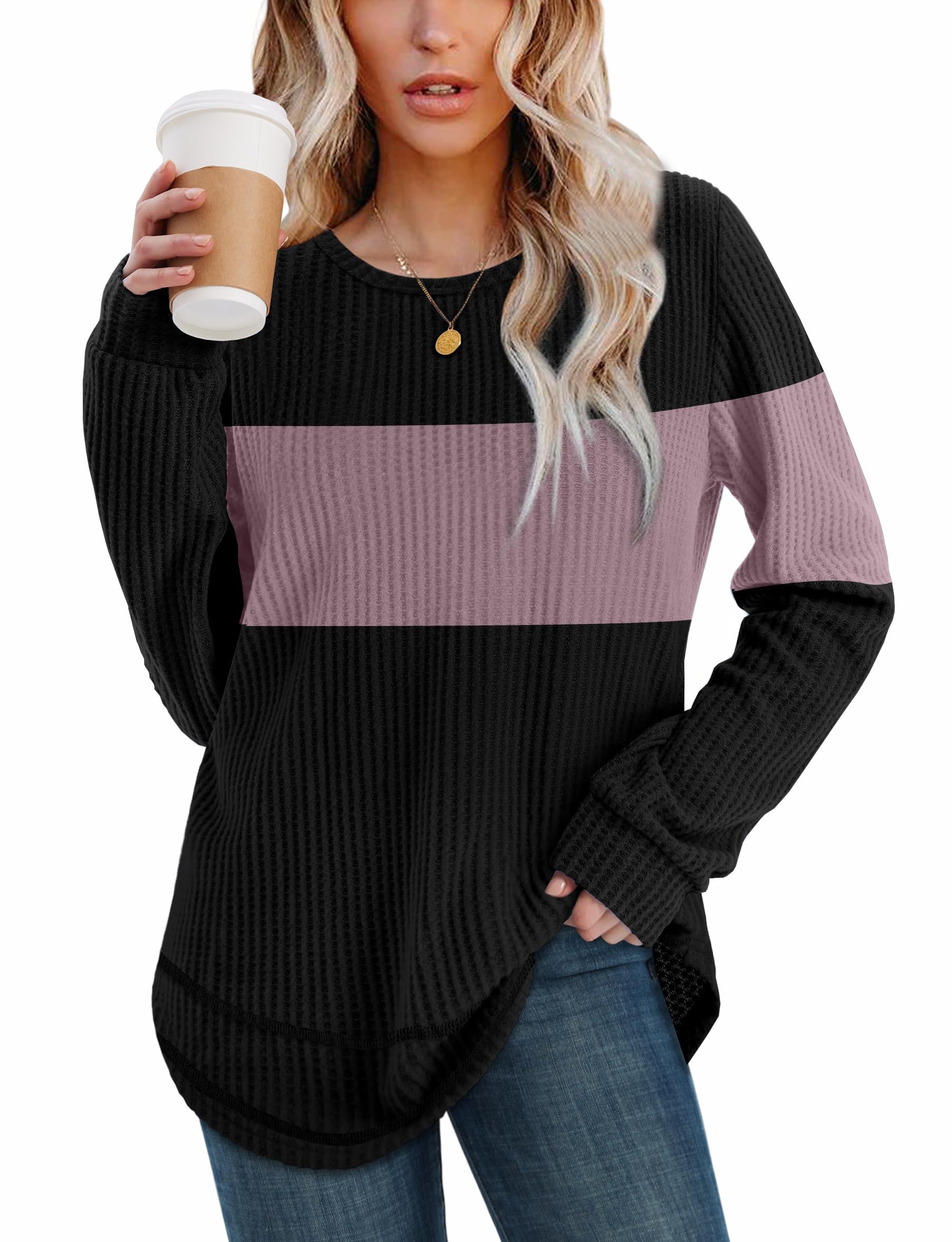 Women's Tunic Tops - Loose Fit Waffle Knit Long Sleeve Crewneck Sweaters