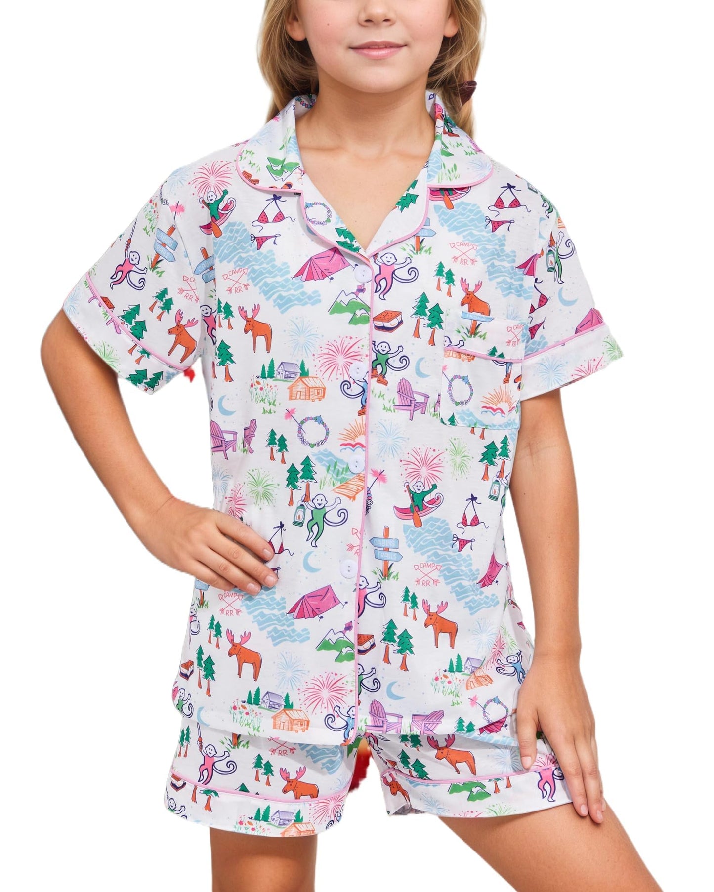 Roller Rabbit Pajamas Kids - Girls Summer 2 Piece Set - Button Down Top and Shorts Plum