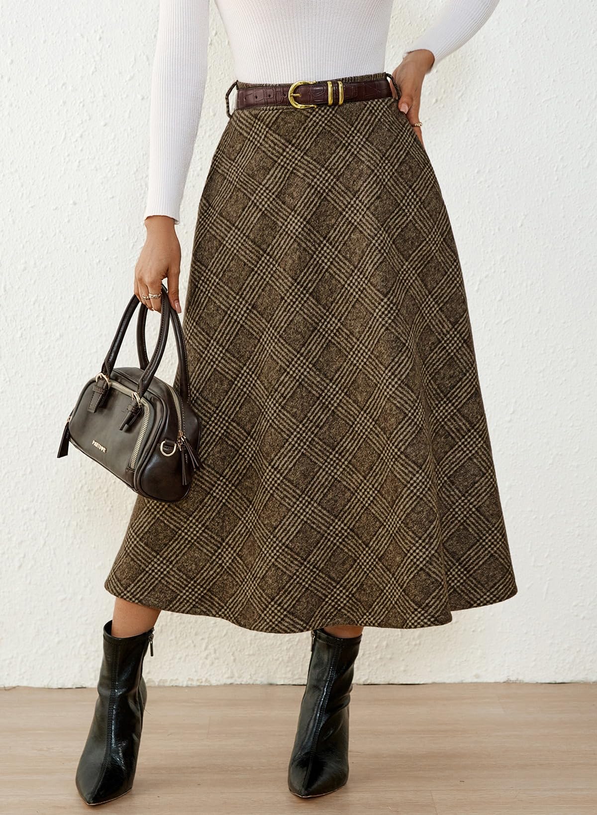 Women's Plaid Skirts - High Waist A-Line Midi Tartan Skirt with Pockets