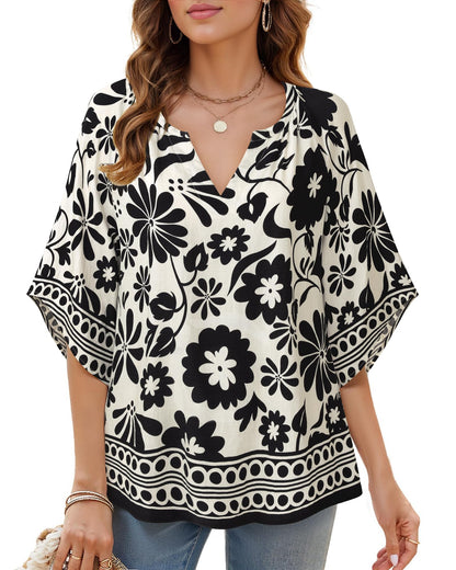 Big & Tall Clothing - Women's 3/4 Sleeve V-Neck Bohemian Peasant Blouse Loose Fit Tunic Top