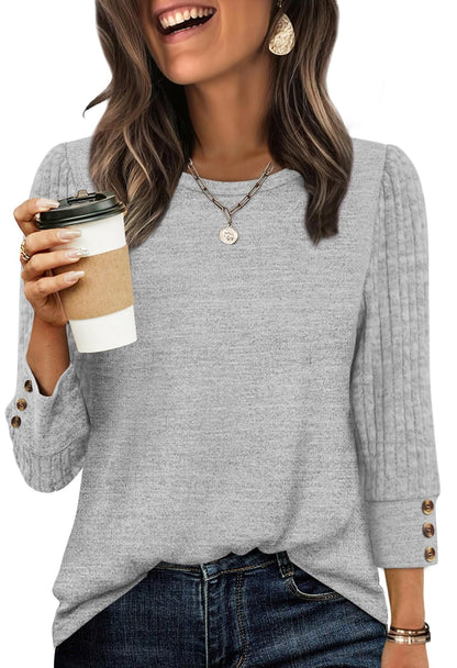 Women's Long Sleeve Shirts - Lightweight 3/4 Sleeve Sweaters with Buttons 05-light Grey