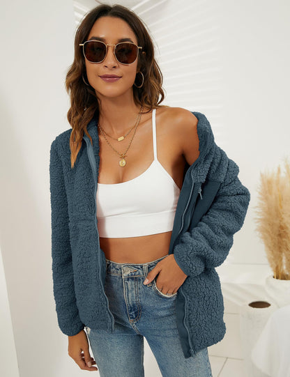 VVK Women's Fashion Faux Shearling Shaggy Full Zip Coats Warm Winter Patchwork Jackets with Pocket