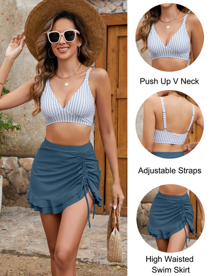 Women's High Waisted Bikini Set with Swim Skirt - Retro Gingham Tummy Control Swimsuit