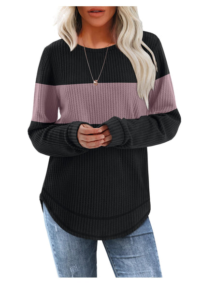 Women's Tunic Tops - Loose Fit Waffle Knit Long Sleeve Crewneck Sweaters