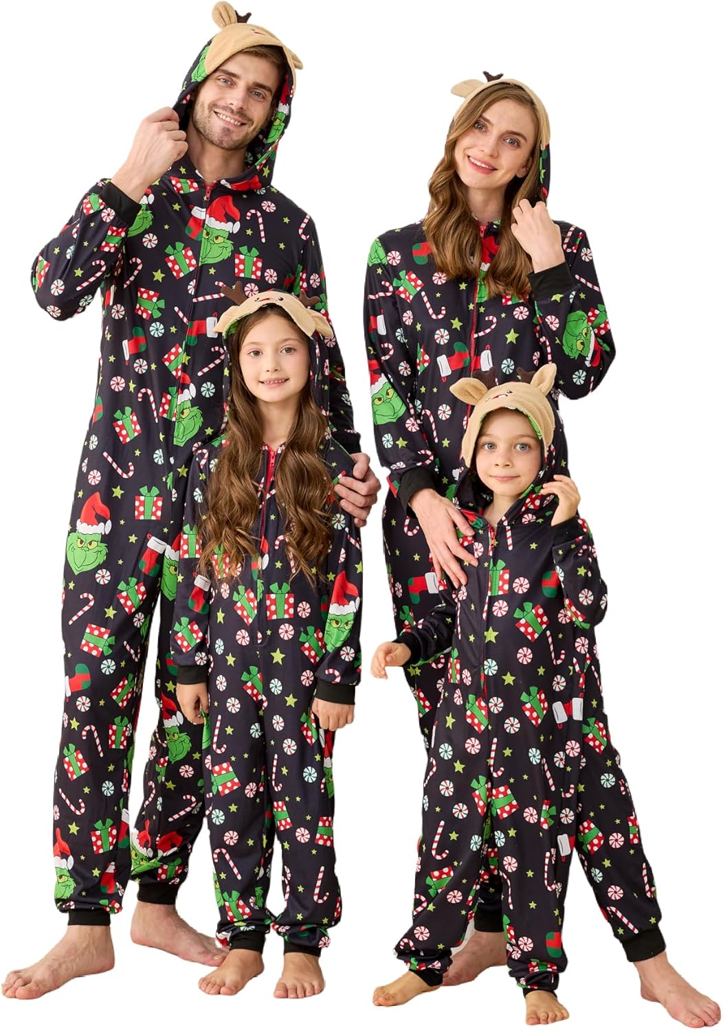 Matching Christmas Onesies for Family - Zip Up One-Piece Holiday Pajamas Black