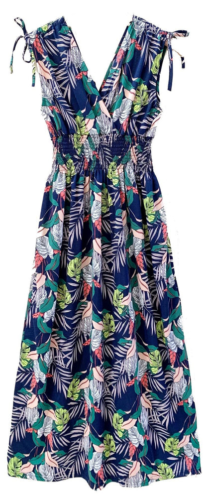 Smocked Maxi Dress - V Neck Exotic Print Dress for Maternity & Plus Size 3X Tropical Palm - Navy