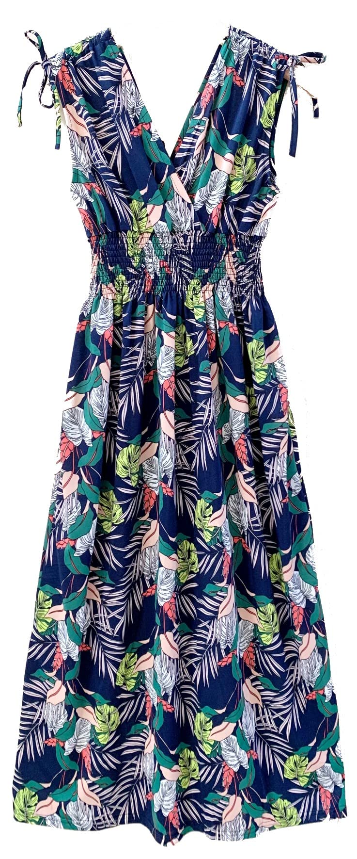 Smocked Maxi Dress - V Neck Exotic Print Dress for Maternity & Plus Size 3X Tropical Palm - Navy