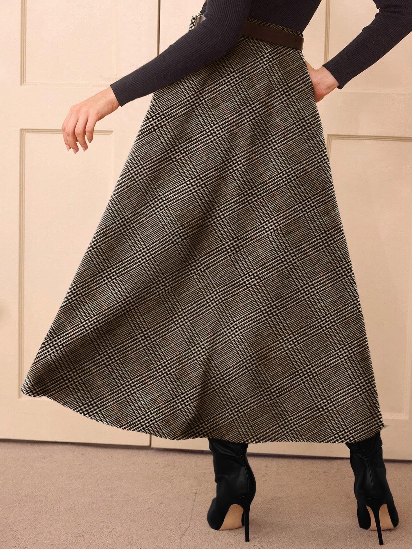 Women's Plaid Skirts - High Waist A-Line Midi Tartan Skirt with Pockets