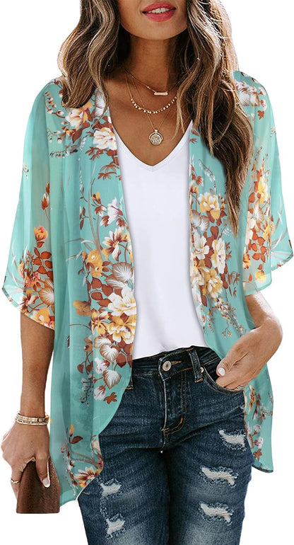 Floral Print Kimono Cardigan Women Puff Sleeve Cover Up Casual Blouse Loose Top Aqua Blue