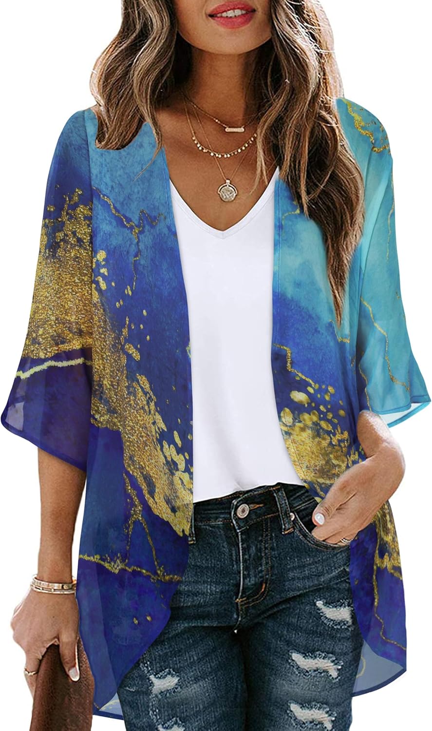 Floral Print Kimono Cardigan Women Puff Sleeve Cover Up Casual Blouse Loose Top