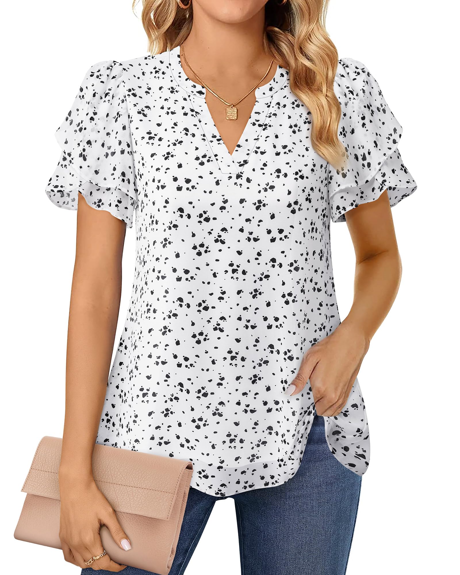 Polyester Blouses - Women's Chiffon Blouse V-Neck Puff Sleeve Summer Top for Work and Casual Wear