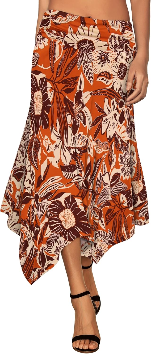 Women's Flowy Handkerchief Hemline Midi Skirt - Elastic Waist Asymmetrical Hem Orange Tropical