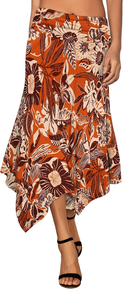 Women's Flowy Handkerchief Hemline Midi Skirt - Elastic Waist Asymmetrical Hem
